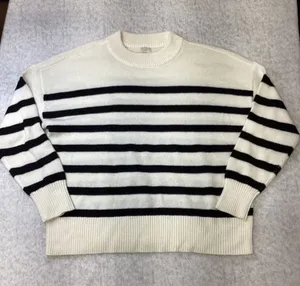 A‎ New Day Women Cream Black Striped Crewneck Sweater Size M Drop Shoulder Knit thumbnail 1
