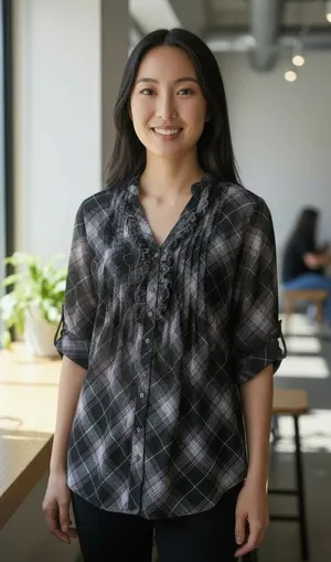 APT 9 Women's L Black Plaid‎ Ruffle Sheer Top w/ Black Tank Top Soft Goth Grunge thumbnail 1