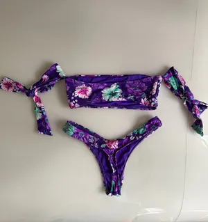 Victoria's Secret Purple Floral Print Thong and Off Shoulder Bikini Set thumbnail 2