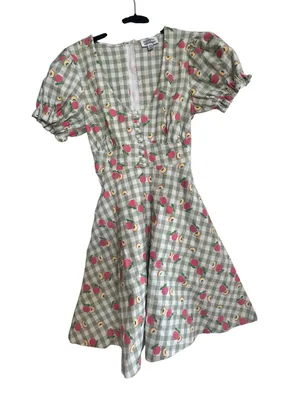 Unique Vintage Puff-Sleeve Fit & Flare Dress in Light Green with peaches thumbnail 1