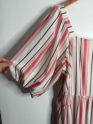 Gabby Skye Striped Babydoll Dress Puff Sleeve‎ Square Neck Pink Beige 18W Pastel thumbnail 7
