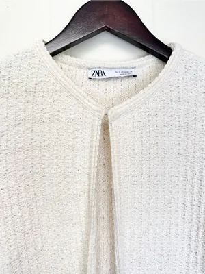 ZARA Textured Knit Cropped Cardigan Sweater Cream Ivory Luxury Size Small thumbnail 4