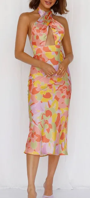 NWT Runaway The Label Mindy Midi Dress Sage Floral Halter Satin Small thumbnail 1