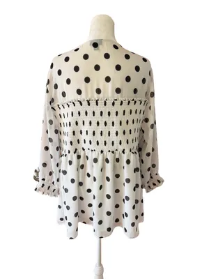 Torrid Women’s White and Black Polka Dot Smocked Peplum Top thumbnail 2