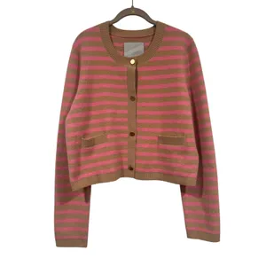 NVLT Anthropologie Striped Cardigan Sweater Lady Jacket Pink Tan Large Preppy thumbnail 2