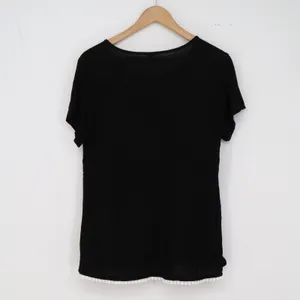 Cheibear Pajama Set Womens M Black Pom Pom Trim Short Sleeve Crop Pant NEW thumbnail 5