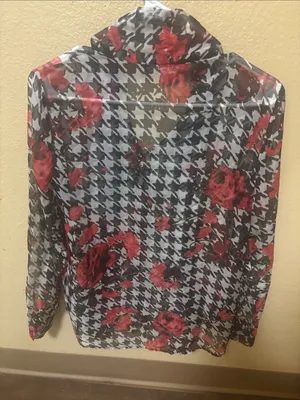 Zara Roses Print Houndstooth Semi-Sheer Blouse with Red Floral Print XS Floral thumbnail 3
