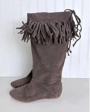 Daniblack Chocolate Brown Suede Fringe Collar Drawstring Tall Boot Flat 8.5M thumbnail 1