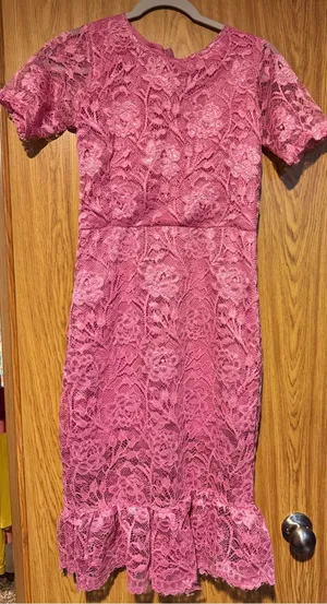 Feminine Pink Lace Midi Dress with Ruffle Hem thumbnail 1