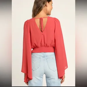 NWOT Lulus Loving Aura Coral Red Smocked Long Flutter Sleeve Top thumbnail 2