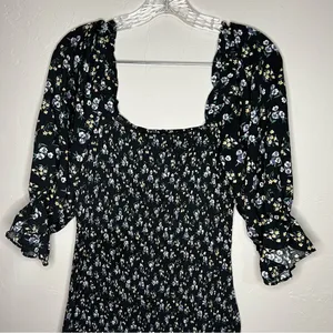 Elloh The Grayson Black Ditzy Blue Floral Smocked Puff Sleeve‎ Square Neck Dress thumbnail 12