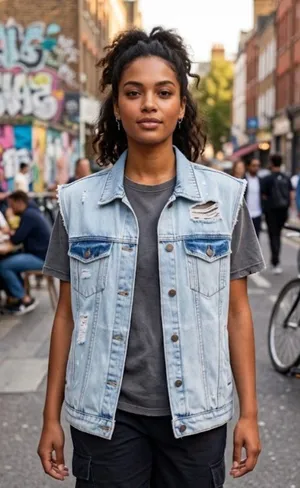 NWT H&M Denim Vest with Printed Design Distressed Denim Vest M thumbnail 1