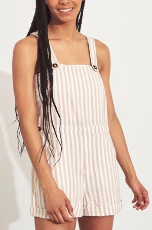 Hollister Tan White Striped Overalls thumbnail 1