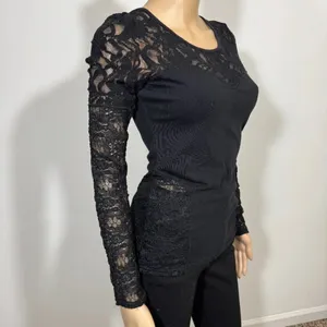 Free People Sweet Thang Blouse Black Lace Top XS Coquette Biker Grunge thumbnail 6