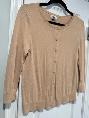Old Navy Size S Tan Khaki Lightweight Cotton Crew Neck Button Cardigan Sweater thumbnail 4
