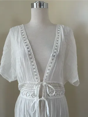 Rebellion White Lace-Trim Cotton Maxi beach Cover-Up thumbnail 2
