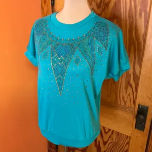 Vintage 80s Teal Gold Glitter Geometric Graphic Top Metallic Print Shirt thumbnail 8