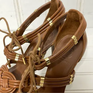 Tory Burch Tan Brown Leather Knotted Strappy Lace Up Stiletto Heels Sandals 9.5M thumbnail 10
