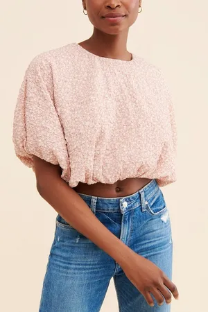 English Factory Pink Floral Cotton Candy Cropped Puffy Feminine Blouse S thumbnail 1