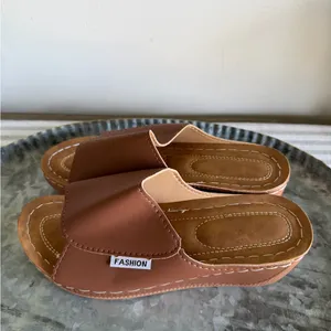 Women's NEW Wedge Slip On Tan Colored Open Toe Shoe #260768 thumbnail 3