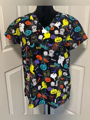 Luv Scrubs V- neck Halloween Nurse, Doctor, Hospital Scrub Shirt Top Pumpkins thumbnail 1