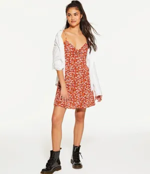Aeropostale V-Neck Floral Mini Dress Large Orange Red Ditsy Flower Sundress thumbnail 2