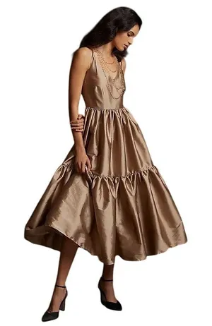 Anthropologie Bloni Tiered V-Neck Maxi Dress Bronze Metallic Size Medium Petite thumbnail 1
