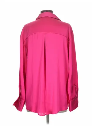 Zara Hot Pink Satin Button-Down Blouse Wide Cuffs Size Medium🎀 thumbnail 6