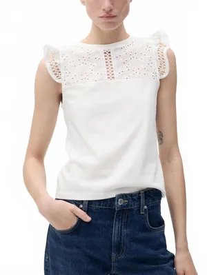 Mango Cotton Top with Lace Neckline NWT White XS thumbnail 1