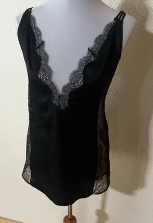 Victoria’s Secret VS black satin plunge V neck lace panel slip dress SMALL thumbnail 1