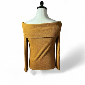 Off Shoulder Long Sleeve‎ Ribbed Knit Top With Button Detail - Mustard thumbnail 2