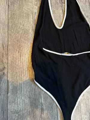 Black and White Halter Top Bodysuit Plain Solid Womens Small Clips On Bottom thumbnail 3