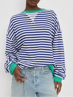 Free People We The Free Classic Striped Crew Long Sleeve Pullover Sand Dollar thumbnail 1