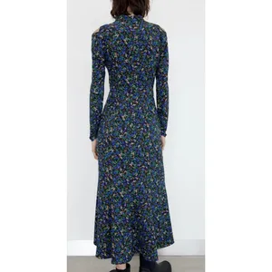 Zara Womens Blue Floral Cold Shoulder Mock Neck‎ Long Sleeve Midi Dress Large thumbnail 2