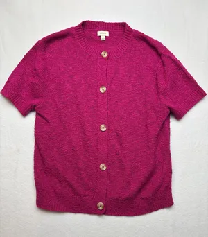 J. Crew size small knit Short-Sleeve Button Cardigan sweater purple pink Fuschia thumbnail 1
