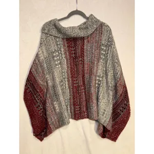 Free People Grey Burgundy Fair Isle Wool Blend Button Collar Poncho‎ Sweater M thumbnail 8