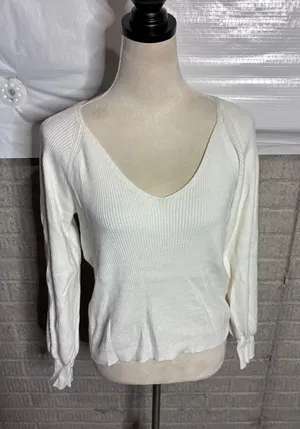 Abercrombie & Fitch Women White Ribbed V-Neck Long Sleeve Knit Sweater Small thumbnail 1