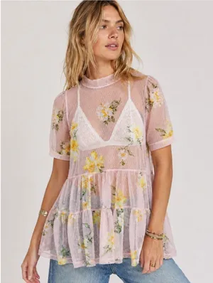 Meraki Mesh Tiered Tunic Top Women’s M Blush Pink Floral Puff Sleeve Cottagecore thumbnail 1