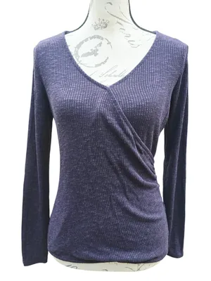 Rock‎ & Republic 53R Womens Purple Ribbed Faux Wrap Long Sleeve V-Neck Top Small thumbnail 1