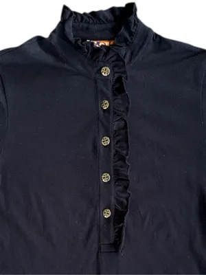Tory Burch Pima Cotton Ruffle Logo Button Top Black Size Small thumbnail 2