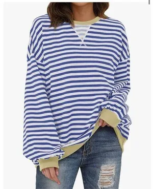 NEW Striped Crewneck Oversized Sweatshirt Pullover Sweater M Blue Size M thumbnail 1