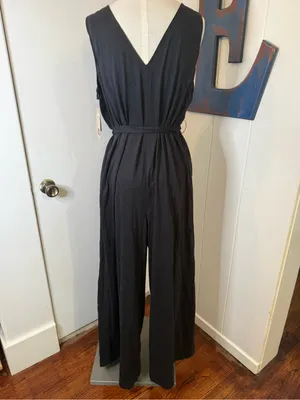 Natori Bliss Essential Cotton black V-Neck Wide-Leg Belted jumpsuit Sz XL thumbnail 3