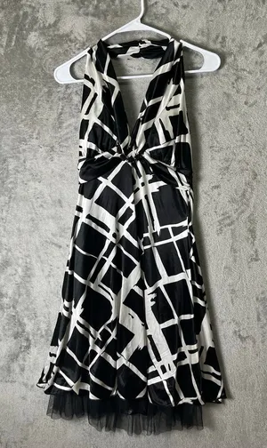 Vintage‎ Y2K Indie Sleaze Halter Midi Dress Black White Abstract Mesh Hem Medium thumbnail 1