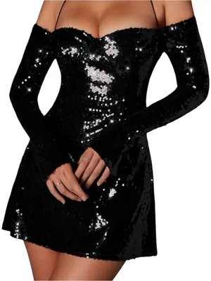 NEW Oh Polly Black Off-Shoulder Sequin Mini Dress Bustier Long sleeve birthday thumbnail 2