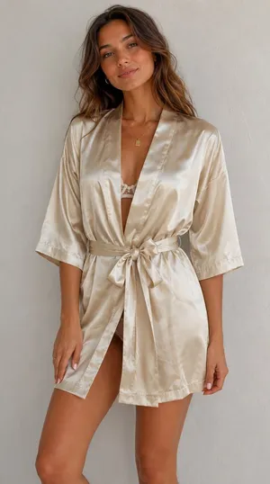 Luxury Gold Silky Satin minimalist getting ready robe with Waist Tie Size L thumbnail 1