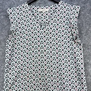 Loft Top White with Black, Pink Green Print. Sleeveless V Neck Size Small thumbnail 2