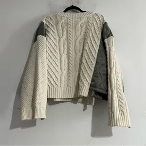 POL Cream Cable-Knit V-Neck Sweater with Olive Sleeve Panels thumbnail 12