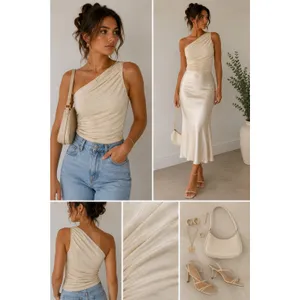 Cream One Shoulder Ruched Top Womens Small Shimmer Stretch Going Out thumbnail 7