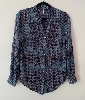 Free People Blue Plaid Button Down Shirt Tunic Western Boho Women's size XS thumbnail 1
