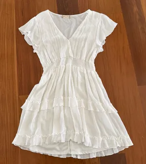 Altar'd State White Ruffled V-Neck Mini Dress thumbnail 1